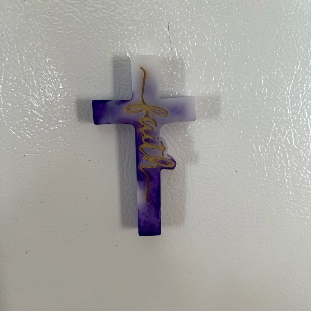 Handmade Faith Cross Wall Magnet Purple and White Cross with Gold Accent